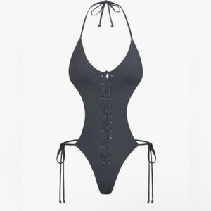 Skims Recycled Swim Lace Up Monokini 2X Swimsuit Gunmetal NWT Rare